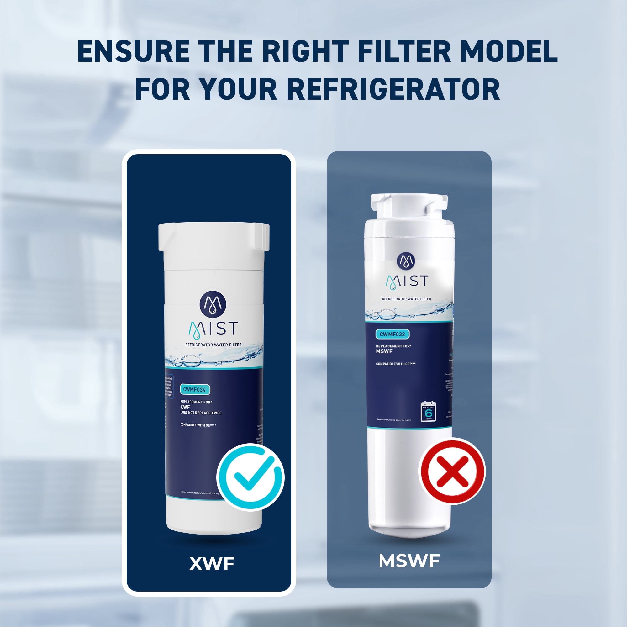 Mist XWF Refrigerator Water Filter Replacement Cartridge for GE, Compatible with GWE19JSLSS, WR17X30702, GBE21, GDE21, GDE25, GFE24 (Not XWFE) GE XWF Water Filter, 3-pack