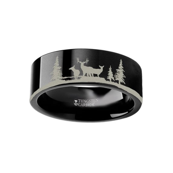 Animal Landscape Scene Reindeer Deer Stag Ring Engraved Flat Black Tungsten Ring - 8mm - Size 13.5