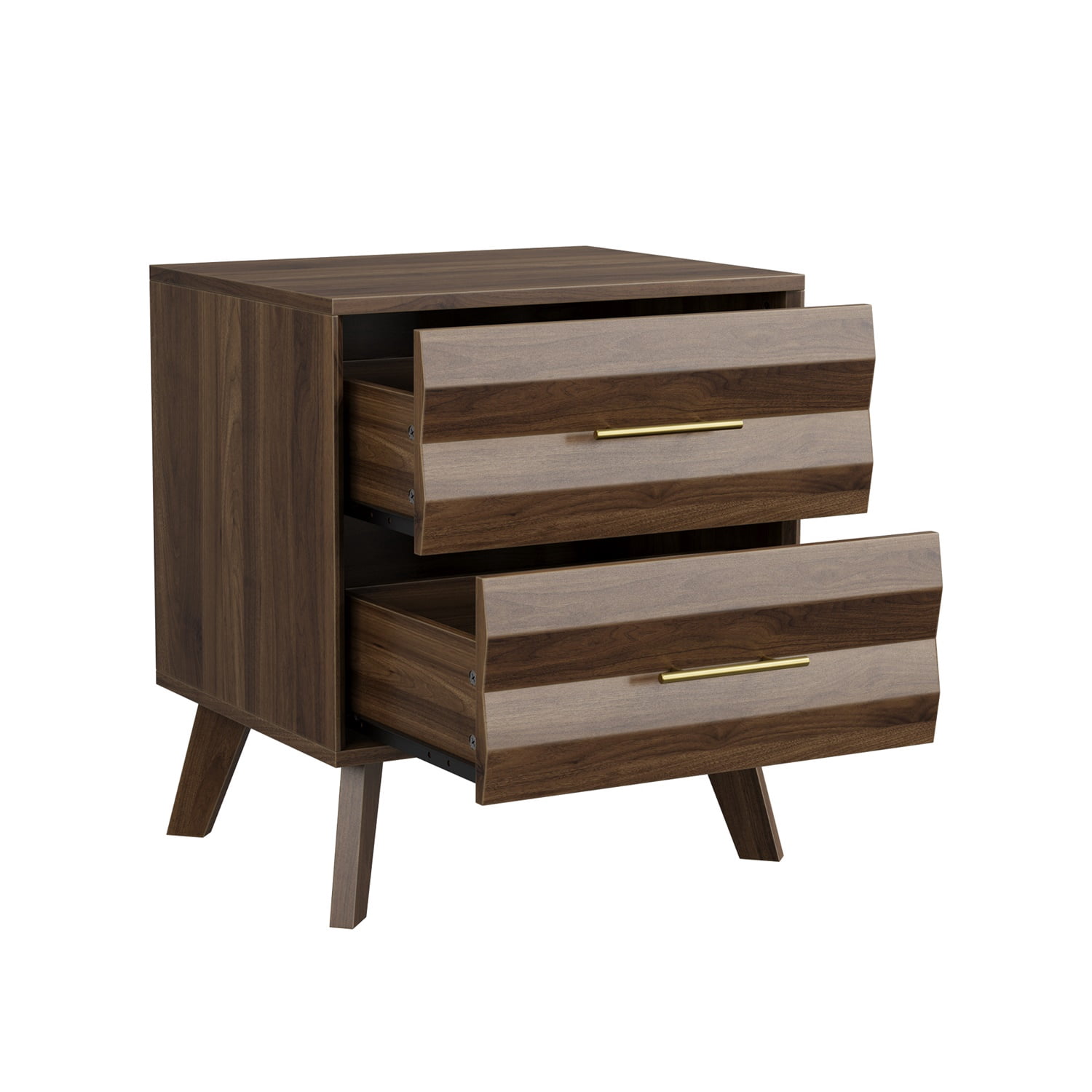 Hommoo Double-Drawer Bedside Table, Modern Minimalist Nightstand with Metal Handles, Pine Wood Legs & Anti-Tip Kit, Scandinavian Bedroom Storage Cabinet, Walnut