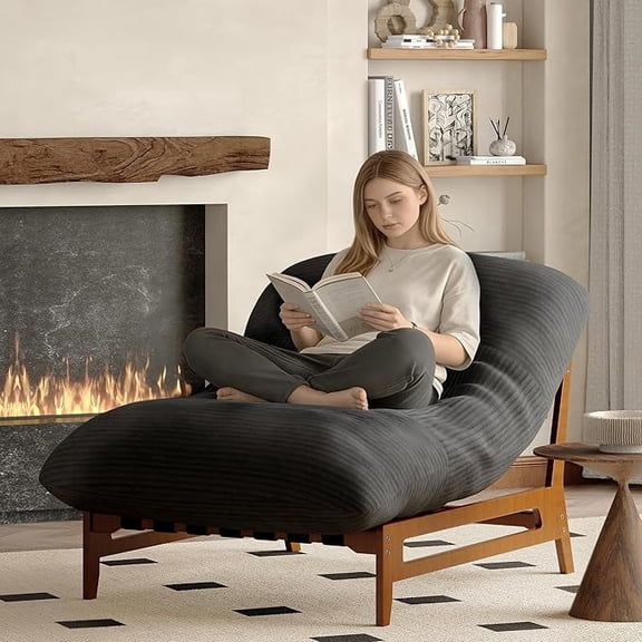 LAZZO Oversized Chaise Lounge Chair Indoor, 3-in-1 Convertible Accent Chair with Solid Wood Frame & Plush Cushion, Black