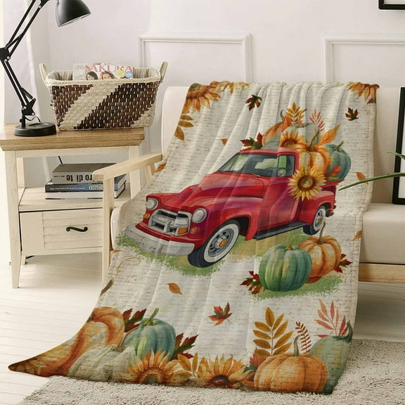Red Truck Pumpkin Sunflower Throw Flannel Blanket 40x50In Thanksgiving Fall Farmhouse Super Soft Cozy Bed Blanket, Lightweight Plush Fuzzy Bed Throw for Bedroom Sofa Couch Living Room