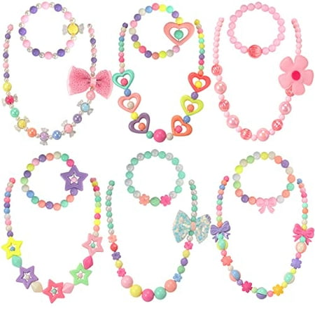 PinkSheep Collier de perles et bracelet de perles pour enfants 6 ensembles  de bijoux pour petites filles Favors Sacs pour filles (grosses perles)