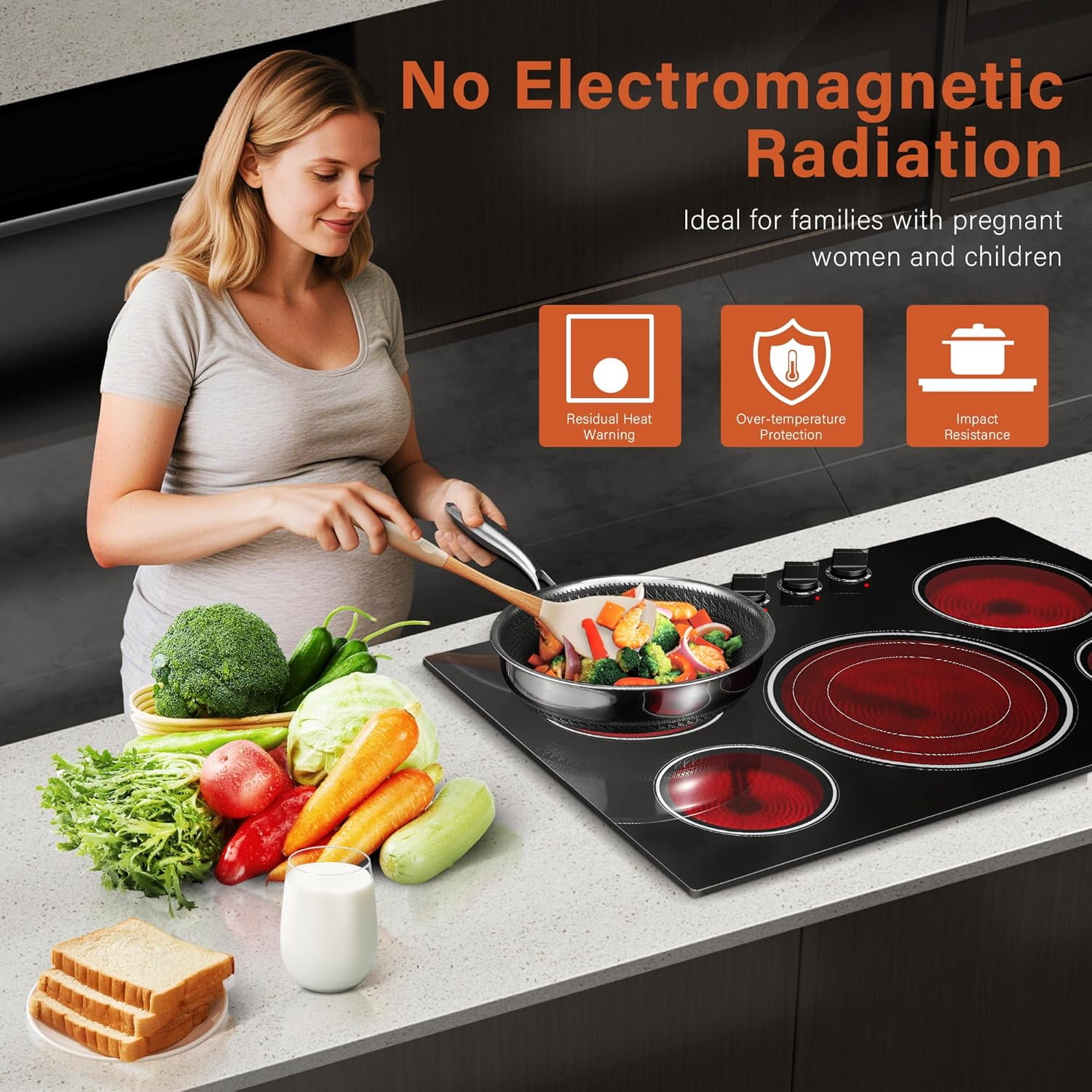 2 4 5 Burner Electric Cooktop 220V~240V, 12 24 30 Inch Built-in 3000W Ceramic Stove Top with Child Safety Lock, Timer & Residual Heat Indicator, Hard Wire(No Plug) for Modern Kitchens