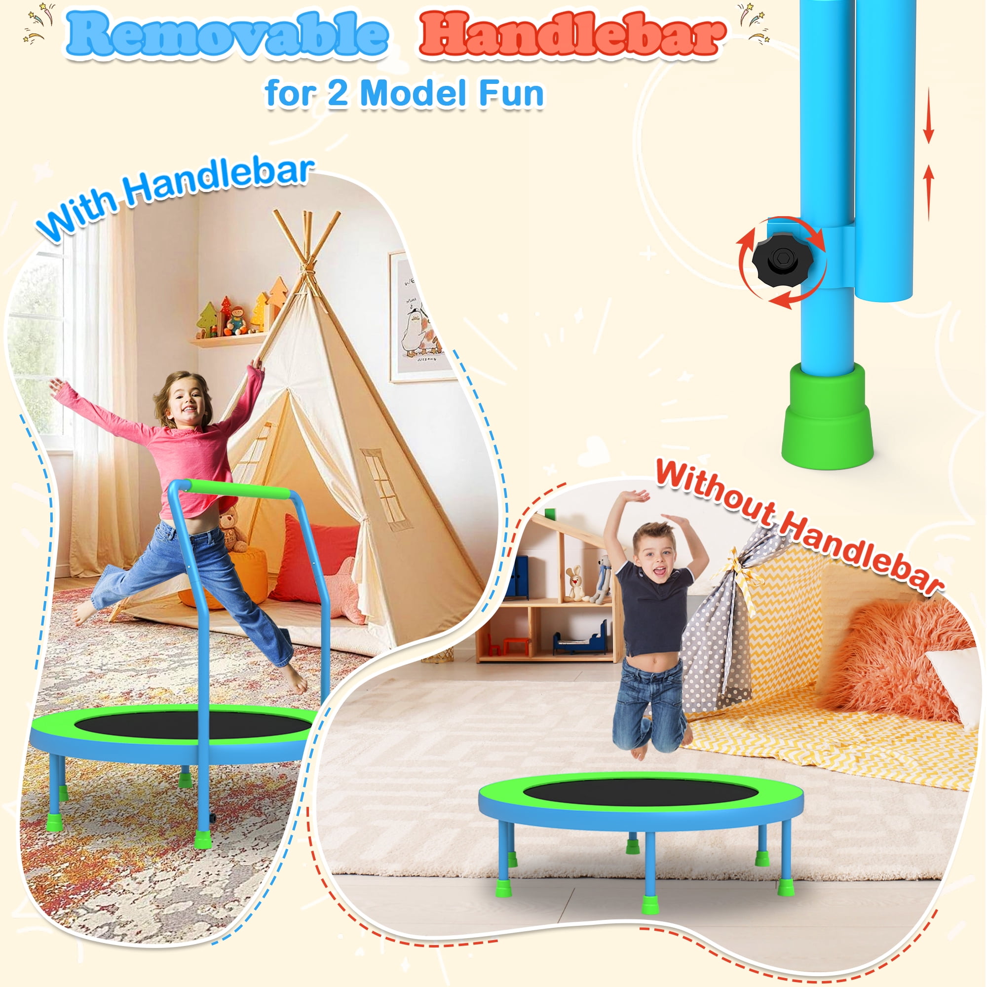 Cochan 36inch Mini Trampoline for Kids, 3FT Small Indoor Trampoline with Handlebar Ages 1-6, Foldable Kids Trampoline for Toddlers, Brithday Gift for Boy and Girl