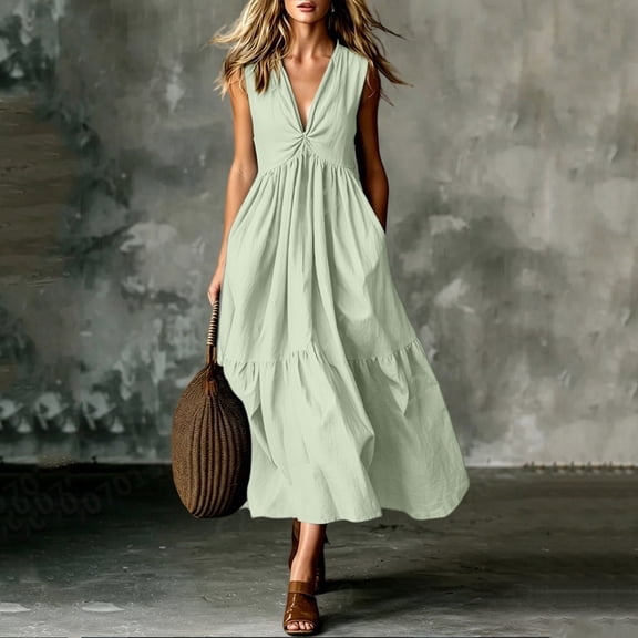 QUNYINEY Long Womens Dresses Summer Cotton A Line Sleeveless Sundress Loose Fit Flowy V Neck Solid Dresses