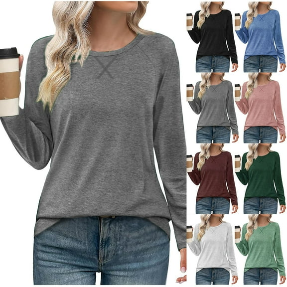 HomeDM Womens Sweatshirts Long Sleeve Shirts Solid Color Casual Crewneck Tops Basic Tee Fall Trendy Outfits