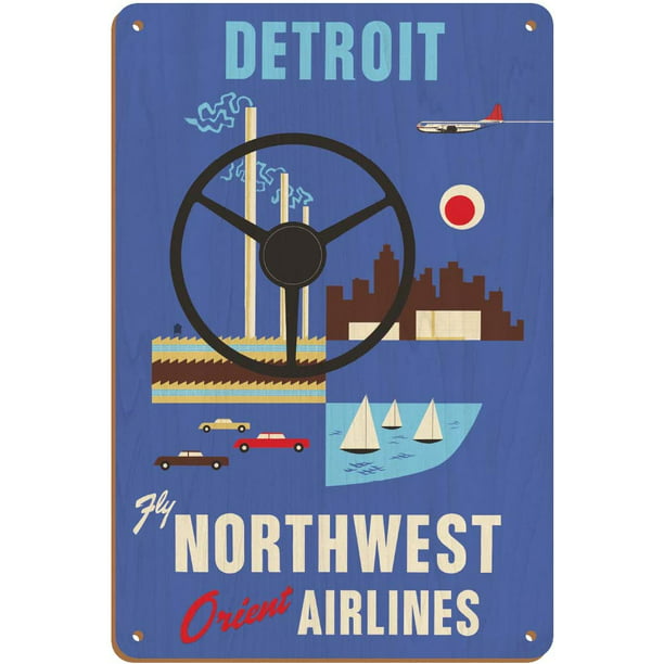 Detroit, Michigan - Motown, Motor City - Fly Northwest Orient Airlines -  Vintage Airline Travel Poster c.1950s - 8in x 12in Vintage Metal Tin Sign -  Walmart.com