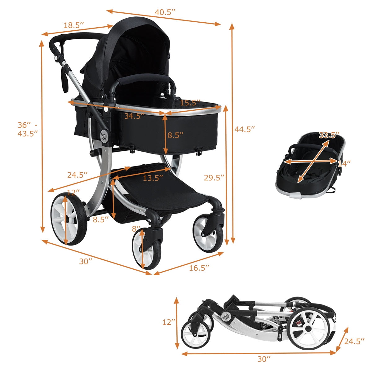 Infans Folding Aluminum Infant Reversible Baby Stroller W/ Diaper Bag Black