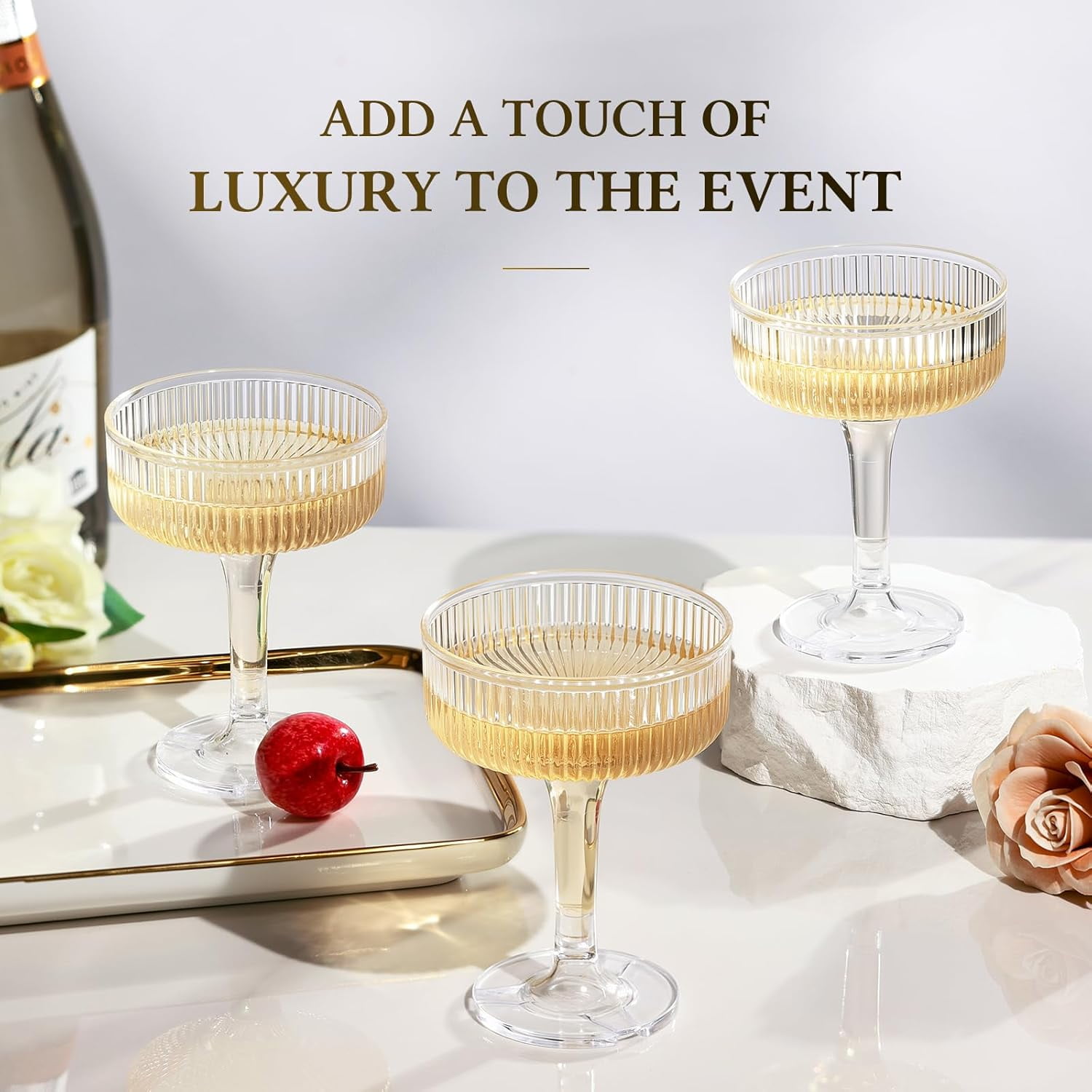 Champagne Tower - Clear Plastic Champagne Flutes, Butterfly Shape with Vertical Stripes for Weddings, Celebrations, Parties