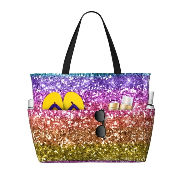 Large Beach Bags Water-resistant Sandproof - Glitter Rainbow Cute Beach Tote Bags for Women with Zipper