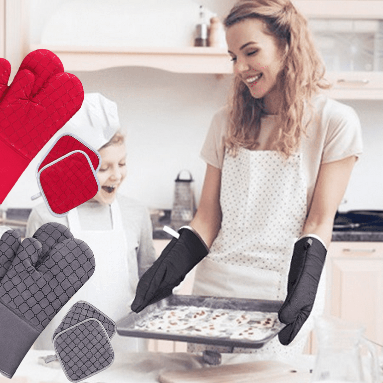 4 Pcs Oven Mitts and Pot Holders,Oven Glove High Heat Resistant 500 Degree,Long Oven Mitts with Recycled Cotton Infill and Silicone Non-Slip Surface