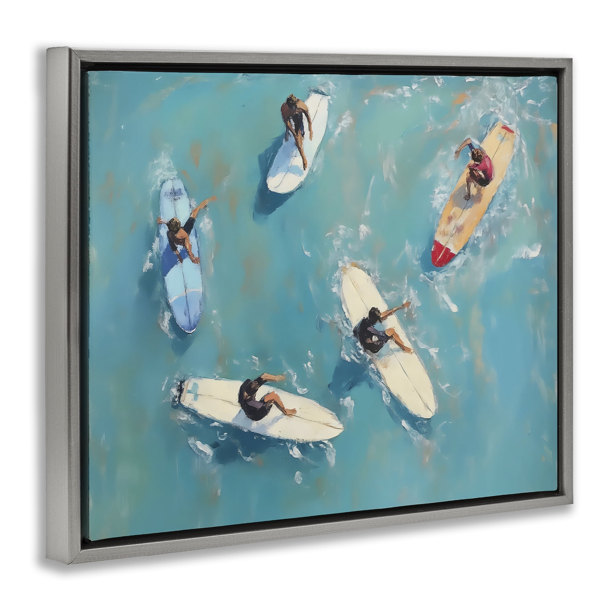 Stupell Industries Group of Surfers at Sea Gray Framed Floater Canvas Wall Art, design by LSR Design Studio