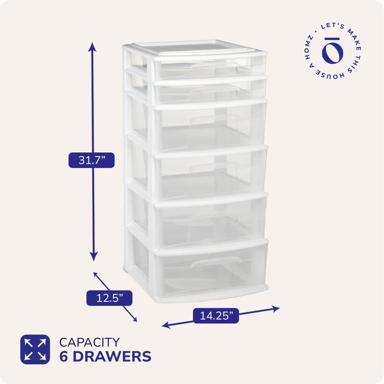 Homz, Plastic Storage Drawer Tower, 6 Drawer, White Frame