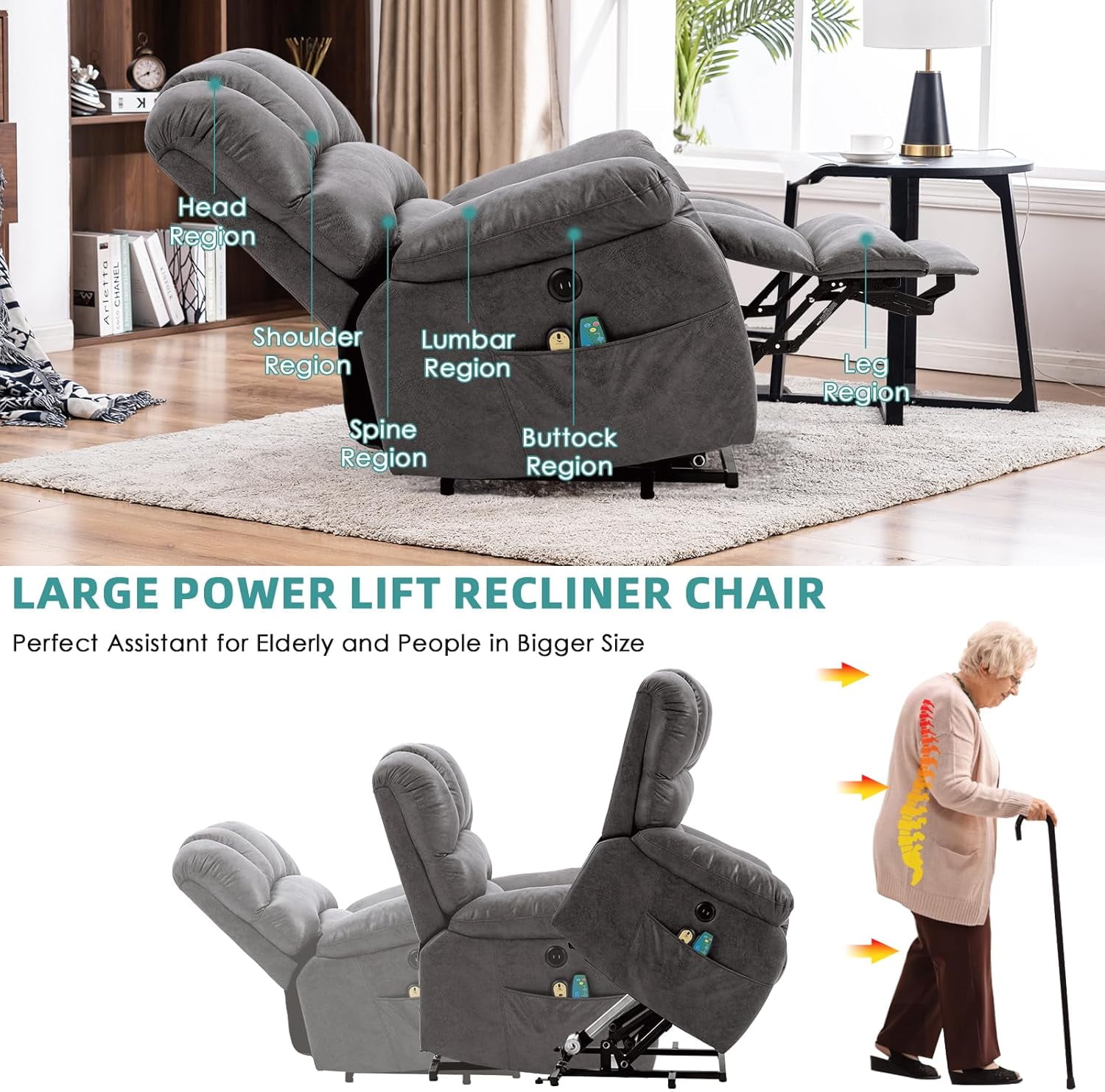 MEETWARM Large Power Lift Electric Recliner Chair with Extended Footrest for Elderly, Big and Tall Lift Chair for Seniors Reclining Chair for Living Room with Massage and Heated,USB Ports(Gray)