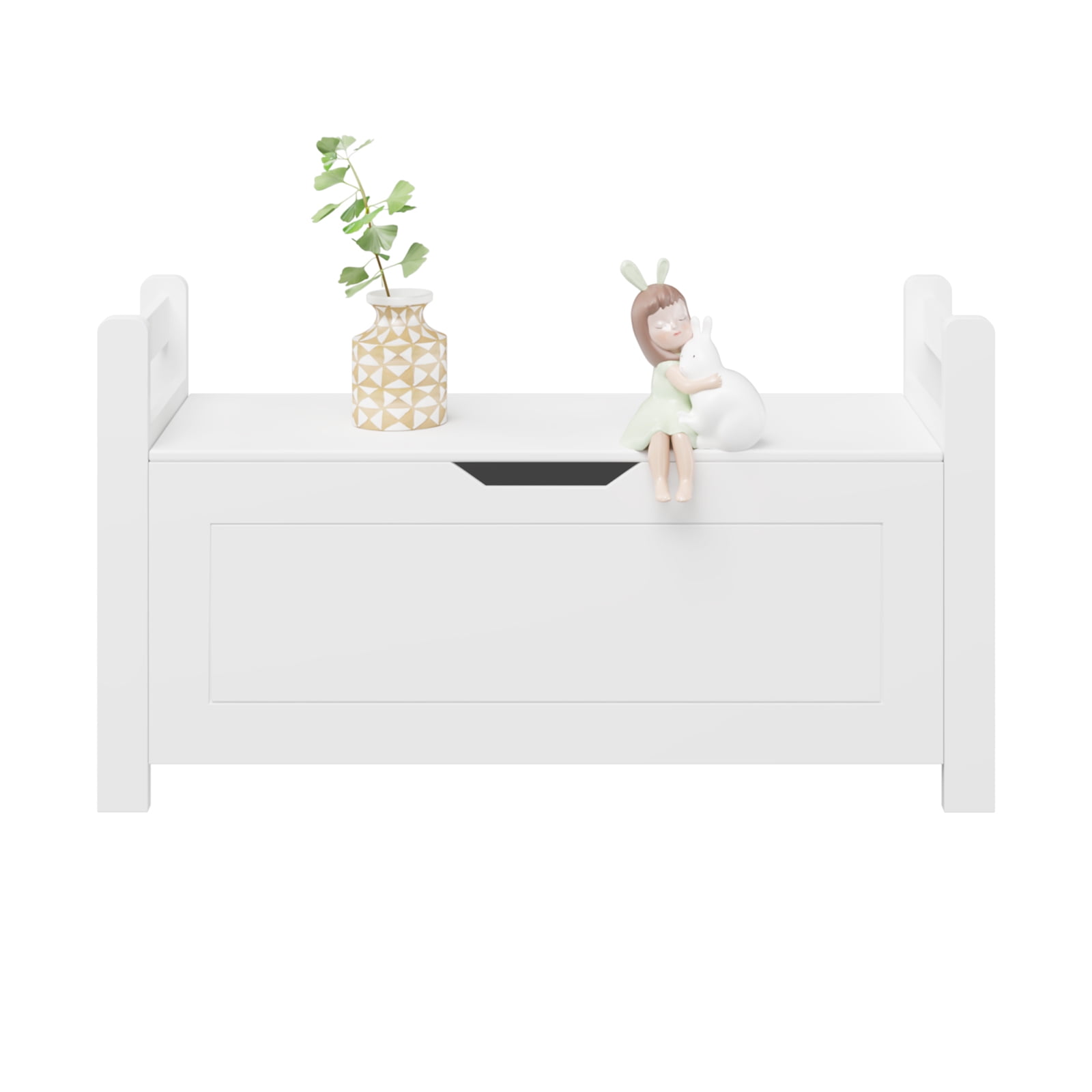 Kids Toy Box Chest, White Rubber Wood Toy Box for Boys Girls, Large Storage Cabinet with Flip-Top Lid/Safety Hinge, Toy Storage Organizer Trunk for Nursery, Playroom (White)