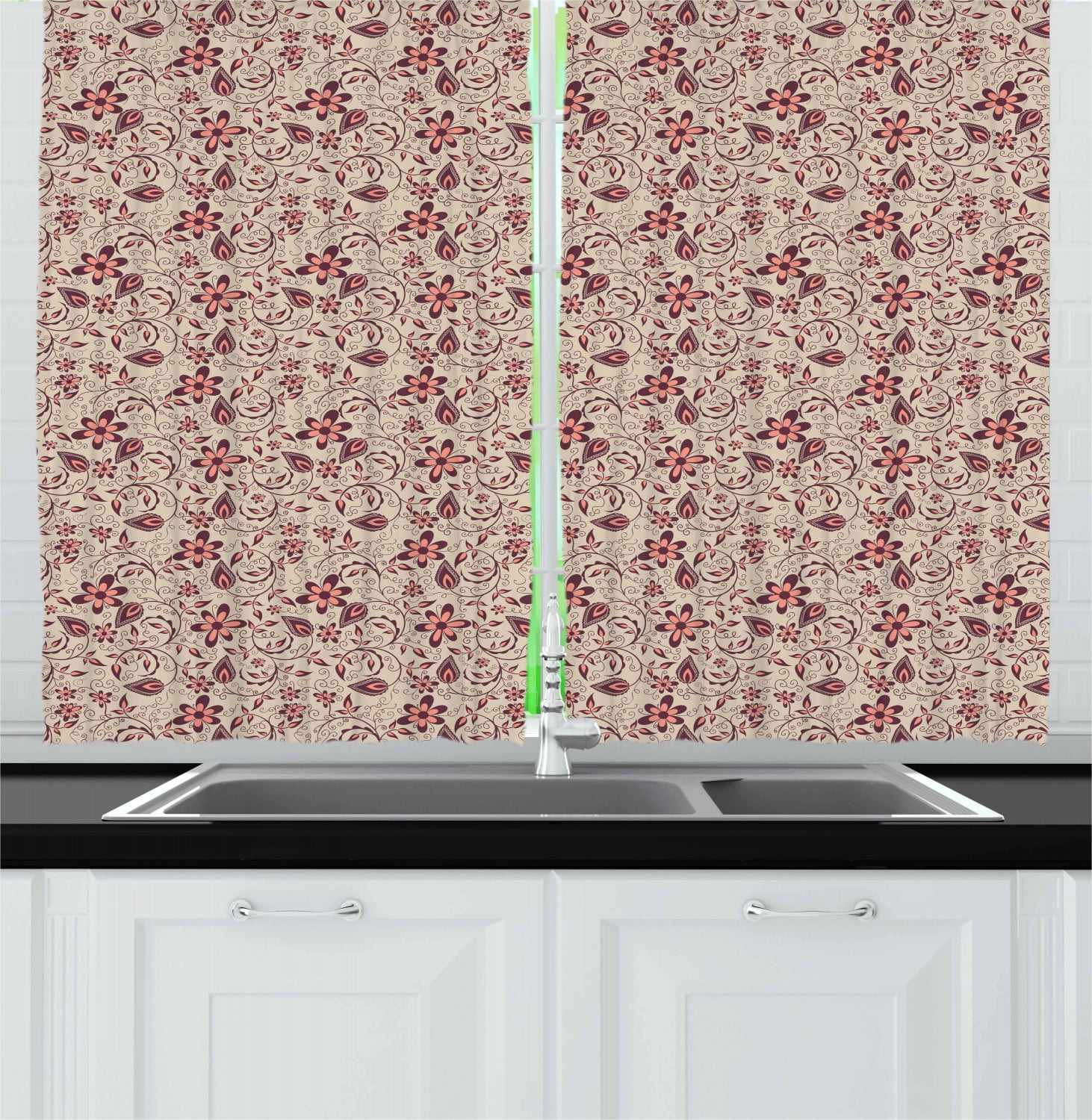 Floral Curtains 2 Panels Set, Blossoming Spring Meadow Pattern in Retro Style with Artistic Curly Details, Window Drapes for Living Room Bedroom, 55W X 39L Inches, Tan Coral Maroon, by Ambesonne