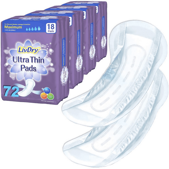 LivDry Female Incontinence Ultra Thin Pads | Leak Protection Odor Control (Maximum, 72-Pack)