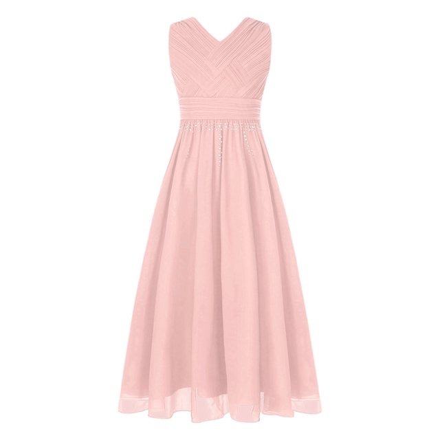 Sywiyi Kids Flower Girl Sparkly Rhinestones Dress V Neck Ruched Princess Wedding Bridesmaid Birthday Pink 8