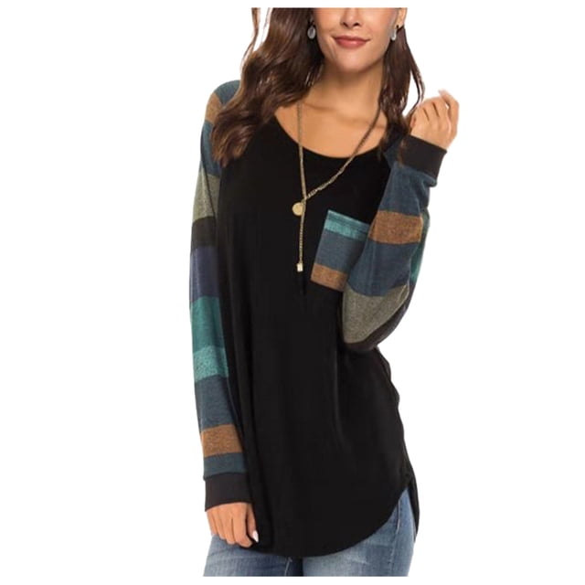 Pompotops Haut Décontracté à Manches Rayées Patchwork pour Femmes T-Shirt Ample à Manches Longues Blouse
