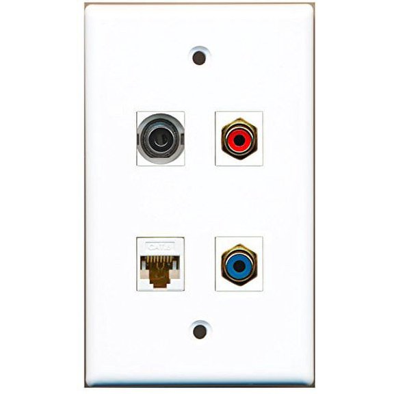RiteAV - 1 Port RCA Red 1 Port RCA Blue 1 Port 3.5mm 1 Port Cat6 Ethernet White Wall Plate