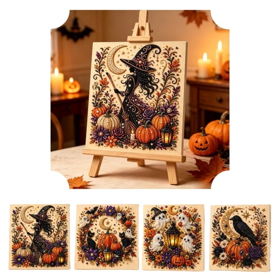 Halloween Fall Special Shaped Diamond Painting Kit, Gothic Ghost Pumpkin Witch Pumpkin Crescent Moon DIY Handmade Craft Gift for Halloween Party Home Decor,Style C