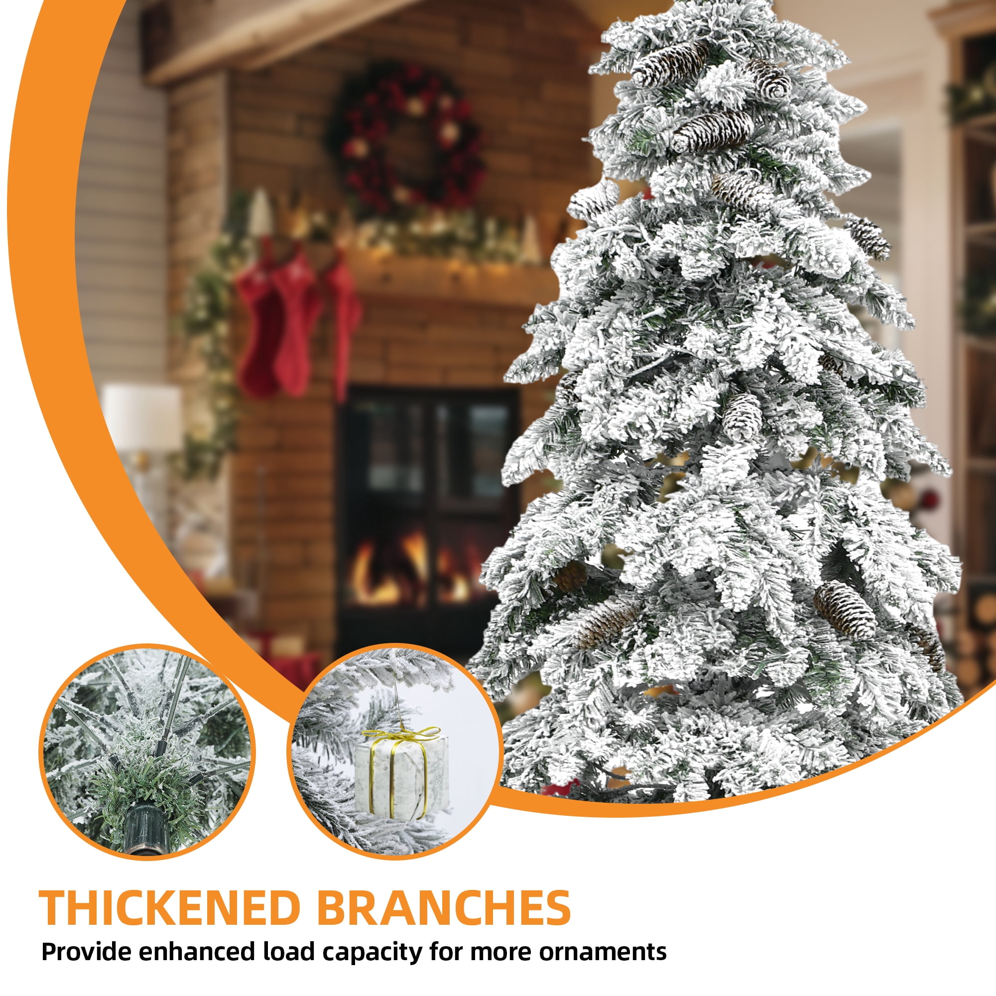 Uforic 7.5ft Snow Flocked Pencil Spruce Artificial Christmas Tree with Pinecones,Pre-Lit Holiday Christmas Pine Tree with with 800 Branch Tips,350 Lights, for Home, Office and Party Decor