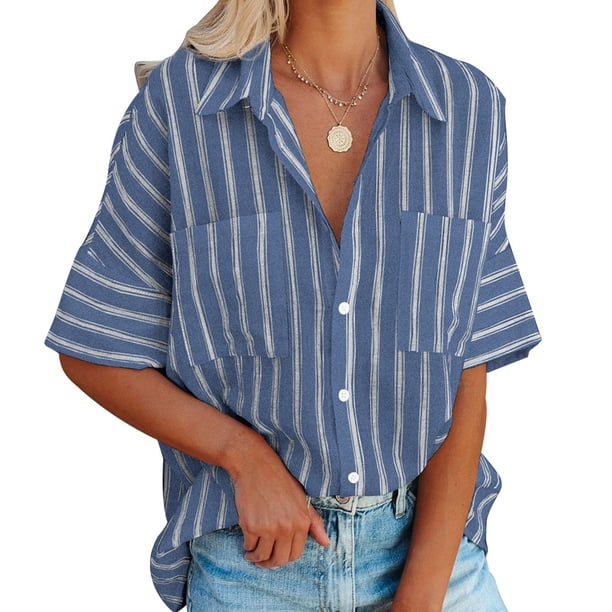 Sonducket Camisa de mujer Media manga Raya Raya Blusa Bolsillos Botón Blusa Bolsillos Botón Cuello en V Top Prendas para la parte del cuerpo azul marino L Sonducket AP003125-23