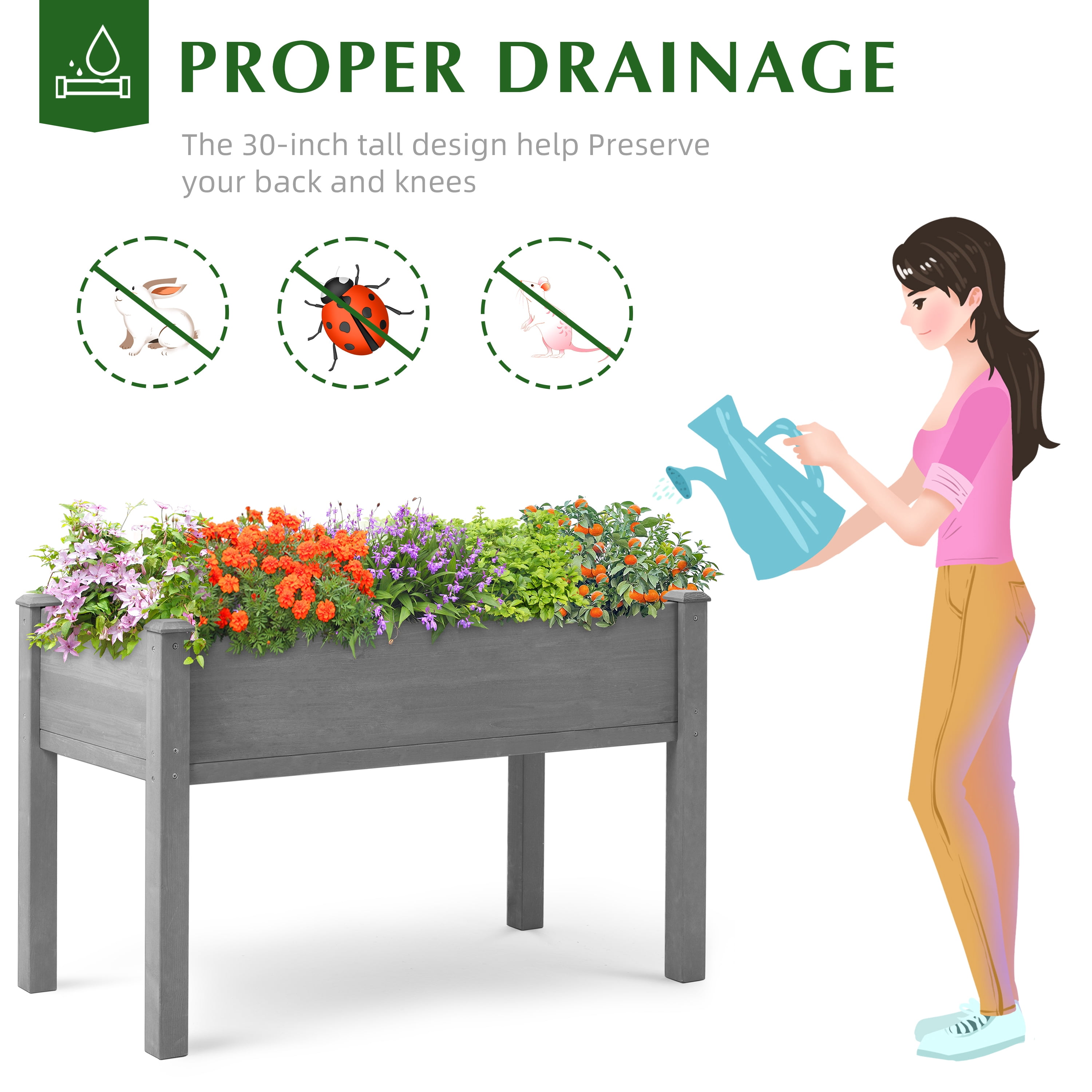 Raised Garden Bed with Legs, 48x24x30'', Outdoor Wood Elevated Planter Box, Thick Legs, w/Liner