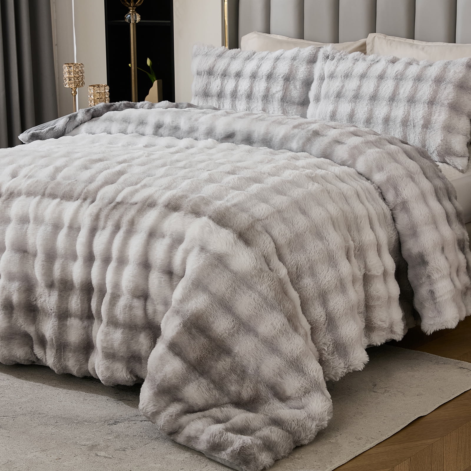 Plush Rabbit Faux Fur Comforter Set Queen/King Size Tie Dyed Fluffy Comforter Bed Set Luxury 3 Pieces Warm Shaggy Winter Comforter Queen Size Soft Bubble Bedding Comforter Set