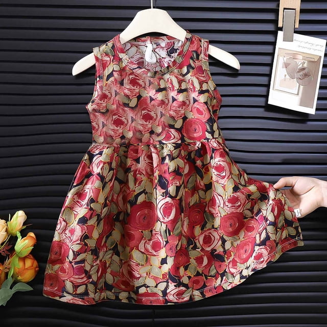 JDQJBZ Robe Bébé Fille Enfant Été Plage Robe d'Été Sans Manches Imprimé Intégral Tenue Décontractée de Jeu pour Tout-Petit