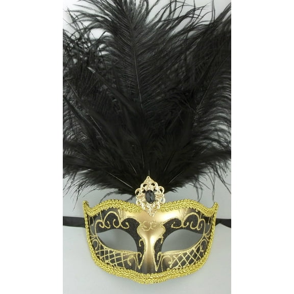 Gold Black Feather Venetian Masquerade Mardi Gras Jewel Gem Mask 12" New