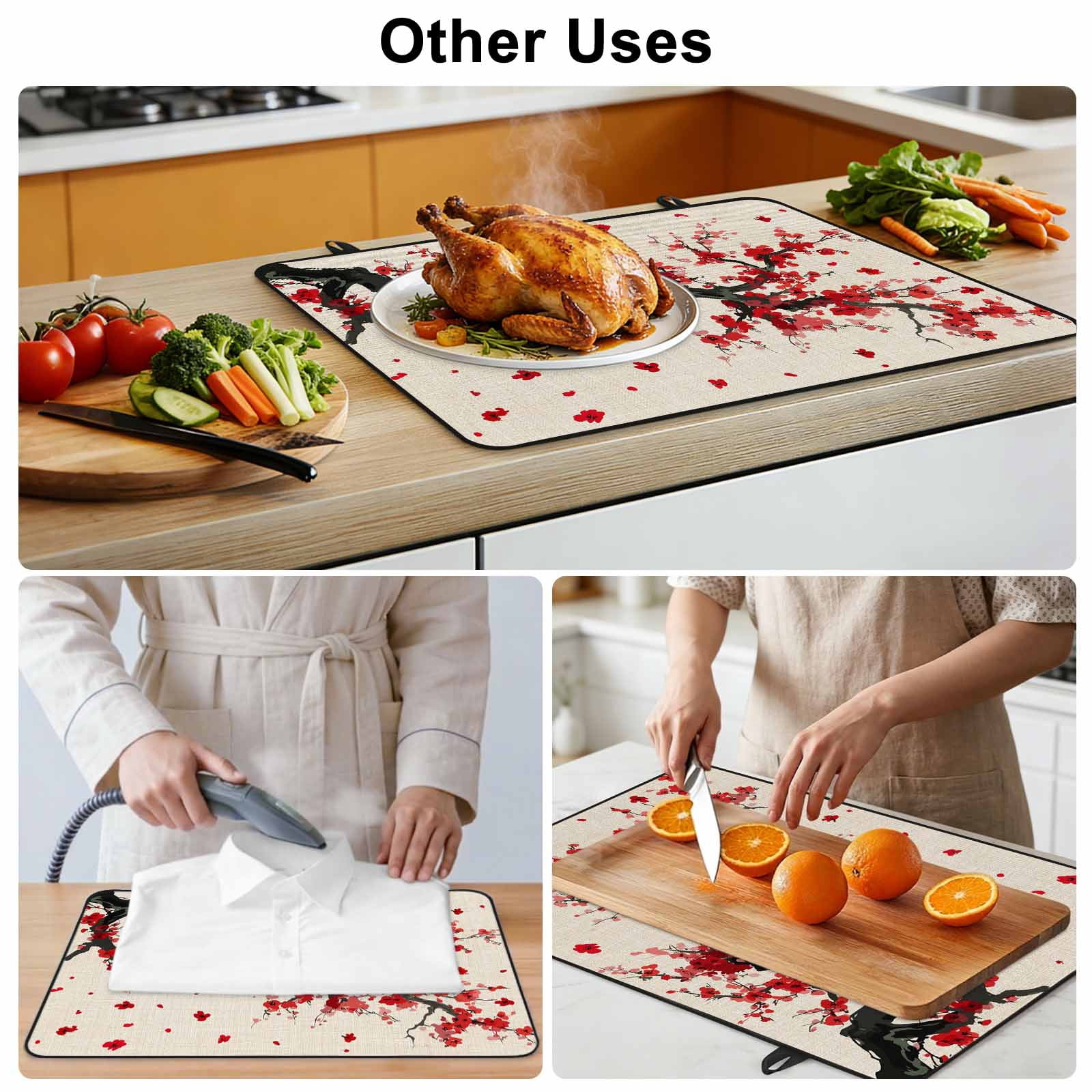 Red Flowers Stove Top Cover for Electric Stove, Heat-proof & Non Slip Glass Top Stove Cover Protector, Vintage Chinese Painting Plum Branches Kitchen Flat Cooktop Rubber Mat 24x21 Inches
