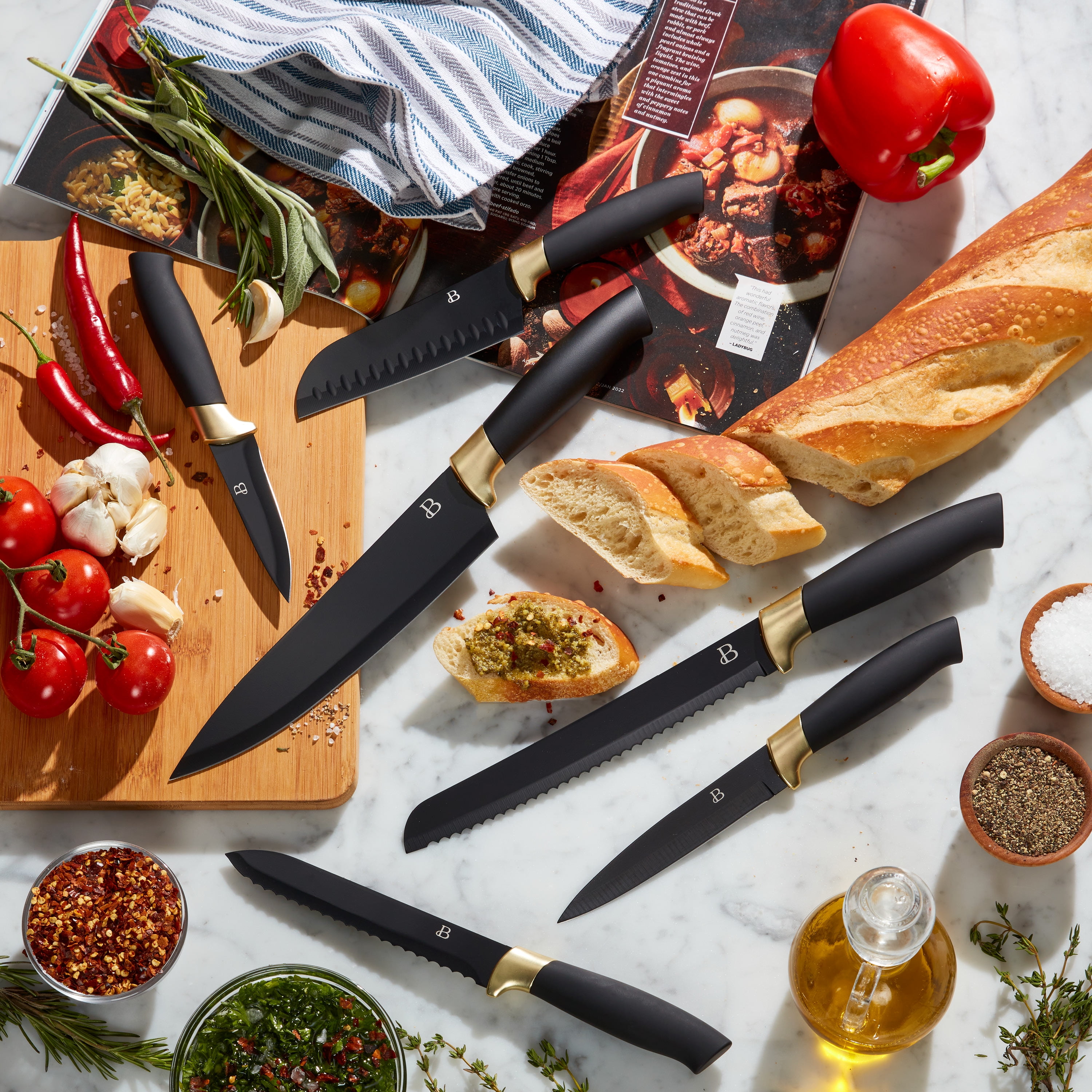 Beautiful 6 Piece Stainless Steel Knife Set Black Sesame with Gold Accent By Drew Barrymore