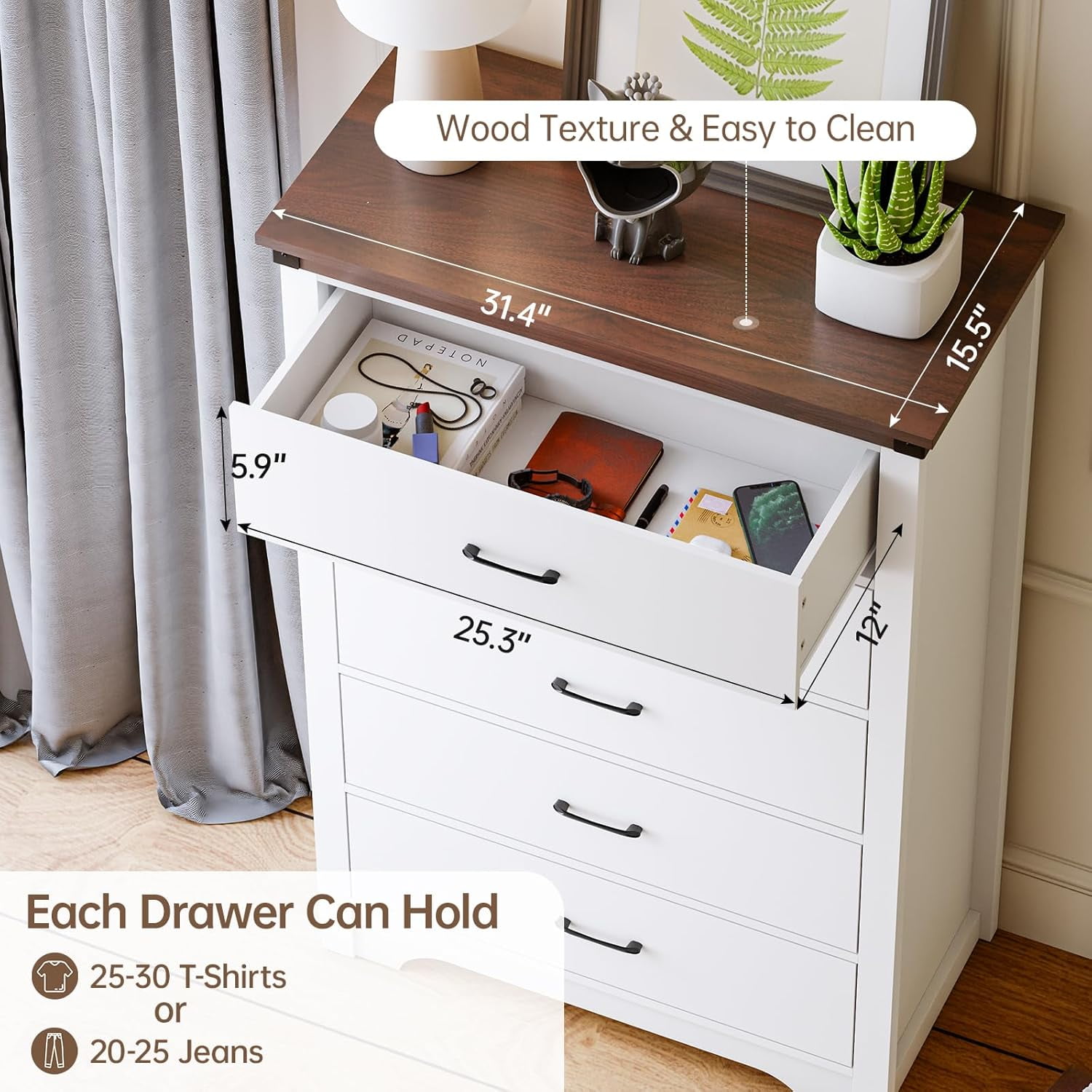 Farmhouse 5 Drawer Dresser for Bedroom, 47" Tall Chest of Drawers, Wood White Dresser with Deep Drawers, Storage Dressers Organizer for Bedroom, Living Room, Hallay, White