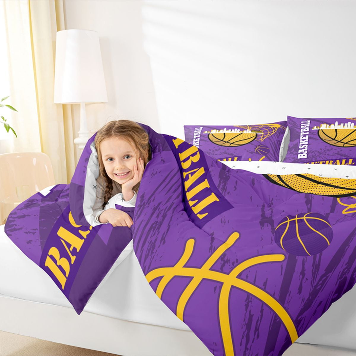 Feelyou Eat Basketball Sleep Bedding Comforter Set for Boys, Purple Gold Graffiti Twin Comforter Sets, Modern Sports Theme Reversible Bedding Set, Microfiber Bedroom Decor, 2-Piece