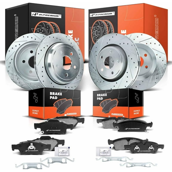 A-Premium Front & Rear Drilled and Slotted Disc Brake Rotors   Ceramic Pads Kit Compatible with Select Dodge and Jeep Models - Durango 2011-2013/2015-2020, Grand Cherokee 2011-2013/2015-2018