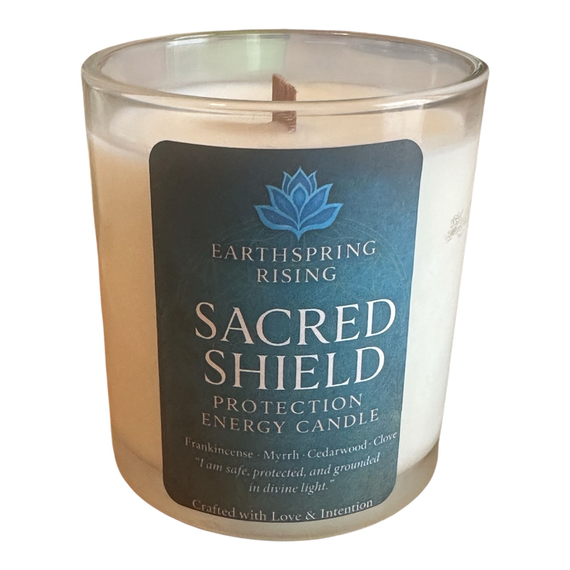 Sacred Shield Candle – Frankincense, Myrrh, Cedarwood & Clove | 10oz Soy Wax Wood Wick Candle with Wood Lid | 50-Hour Burn | Energy Protection & Grounding