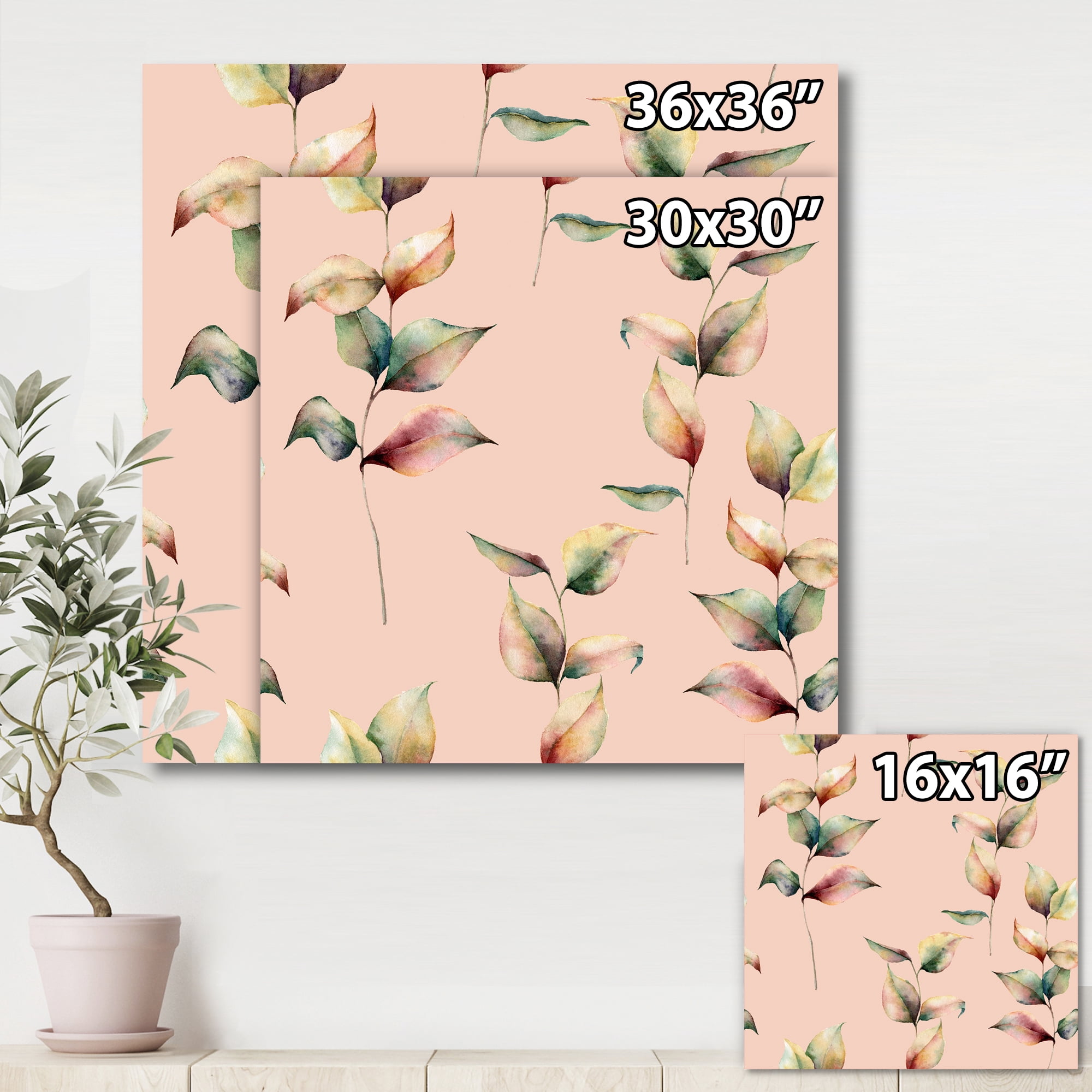 Designart ' Autumn Pink Leaves with Branch On Pastel Colors ' Traditional Canvas Wall Art Print