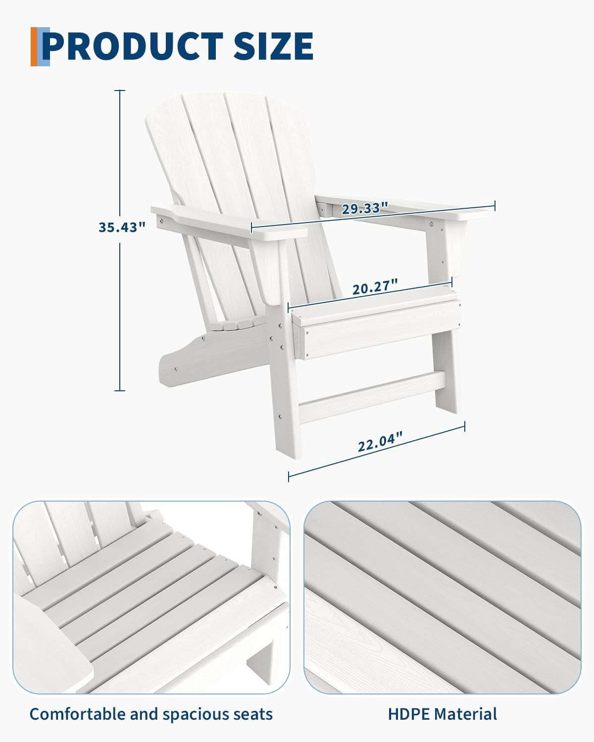 Modern HDPE Plastic Adirondack Chair - Oversize 380LB Poly Lumber Weather Resistant Firepit Chair - Outdoor Patio Chairs with Wooden Textured for Garden, Backyard, Lawn, Deck, Pool, Porch - White