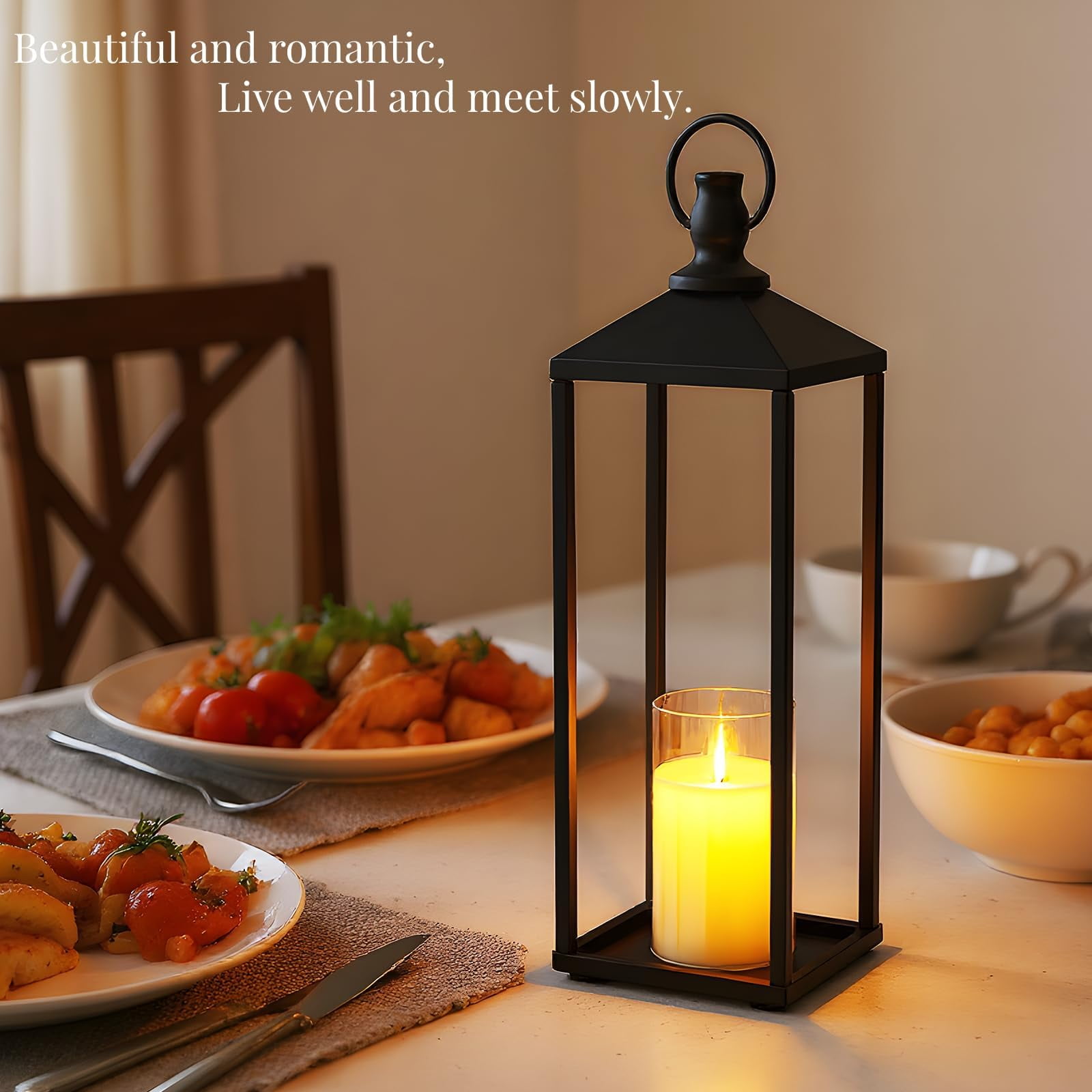Danolapsi Modern Farmhouse Lantern, 17"+19"+22"  Set of 3 Black Candle Lanterns for Christmas Porch Decor, Outdoor & Indoor Flameless LED Candles with Remote Timer, Patio Garden Floor Decor