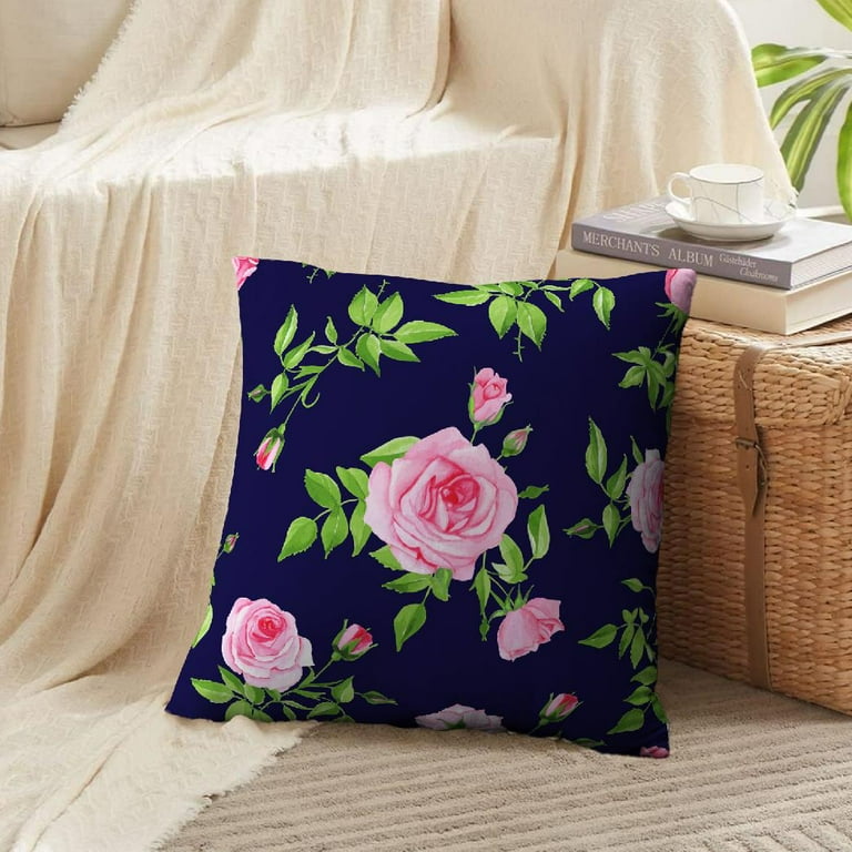 LALILO Throw Pillow Covers Vintage Navy With Pink Rose Retro Cushion Cover 18 x 18