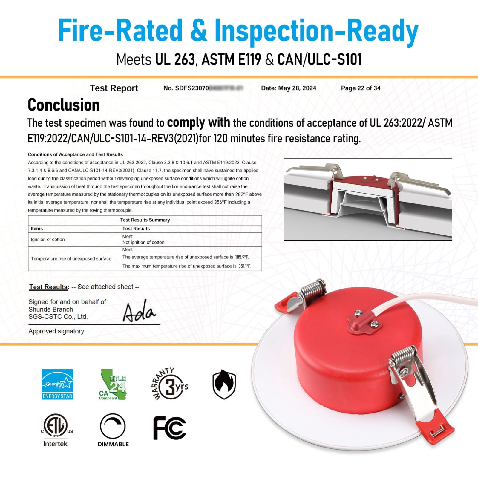 2 Pack 4 Inch 9W Fire Rated Gimbal LED Recessed Light, 5CCT Dimmable Canless Downlight with J-Box, Meets UL263 & ASTM E119, 2 Hour Fire-Rated Commercial Ceilings