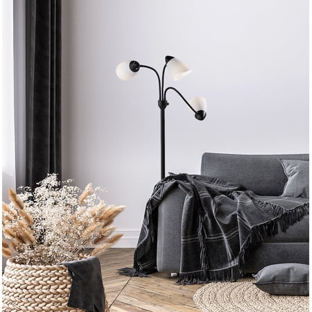 Mainstays 3 Head Adjustable Floor Lamp, Black with White Plastic Shades, Classic, Young Adult, Adult use.
