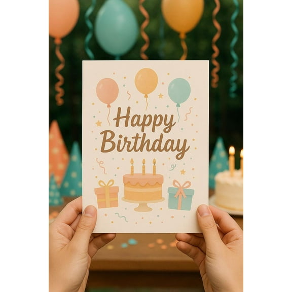 Happy Birthday Card with Colorful Balloons and Cake Design – Blank Inside – Perfect for Celebrations, Personal Messages, and Gifts