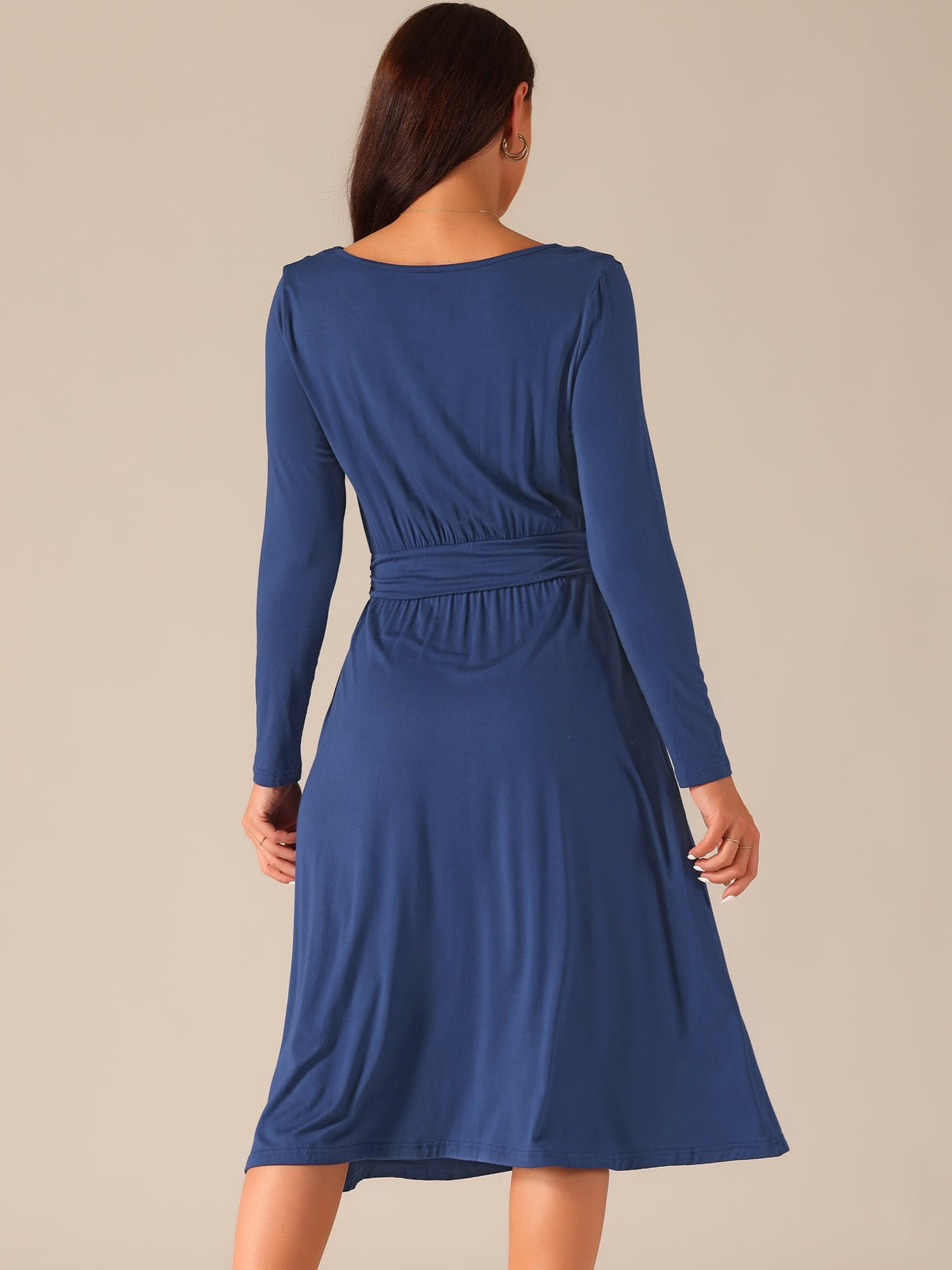 DARING DIVA Crew Neck Long Midi Sleeve Dress with Pockets S Deep Blue