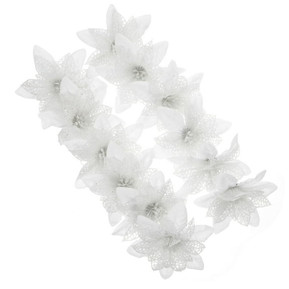 KALLORY Set of 12 Artificial White Poinsettia Flowers with Glitter Powder Christmas Decor Faux Poinsettias