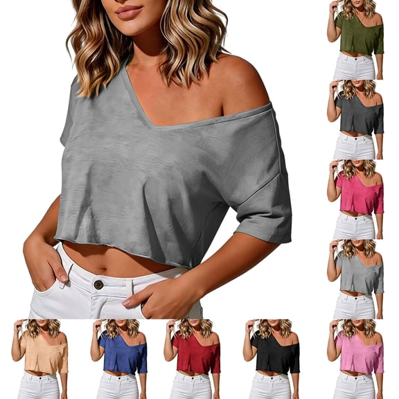 Ashirexll Summer Tops for Women Off Shoulder Crop Top Summer Casual Deep V-Neck Short Sleeve Loose Basic Tee