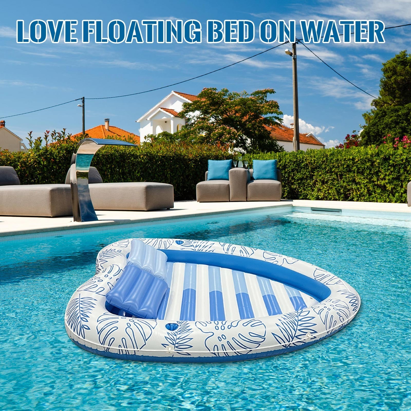 PVC Inflatable Pool Float Raft with Pillow, Sunbathing Floating Bed Mat for Adults, Durable Pool Lounger for Summer Swimming Pool Beach Vacation Relaxation