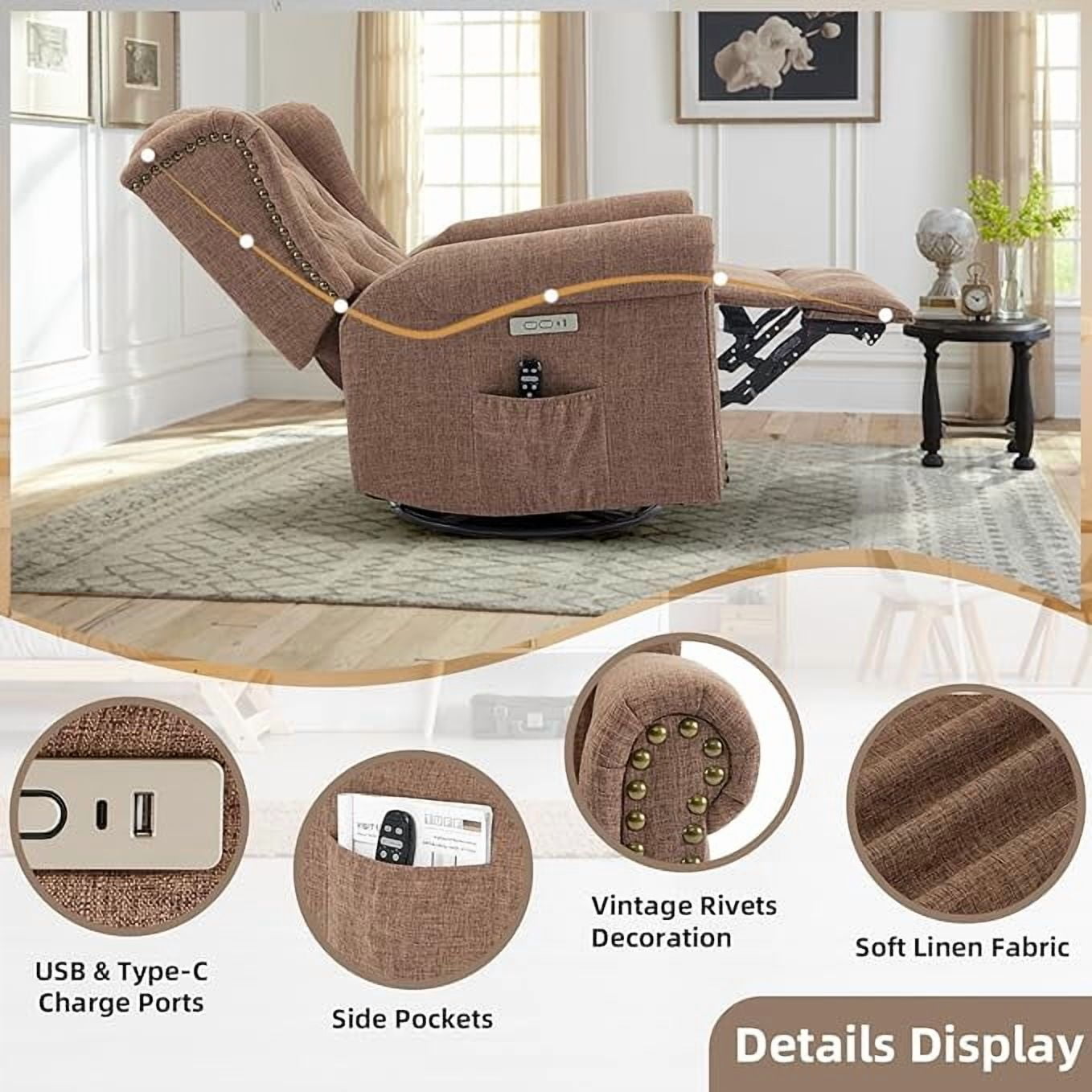 EPICOZY Power Swivel Rocking Glider Recliner Chair with Massage and Heat, Electric Nursery Glider Rocker for Living Room, Wingback Tufted Upholstered Recliner Chair with Type-C & USB Ports, Brown