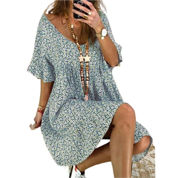 PALACLOTH Women Butterfly Short Sleeve Round Neck Loose Floral Printed Loose Dress